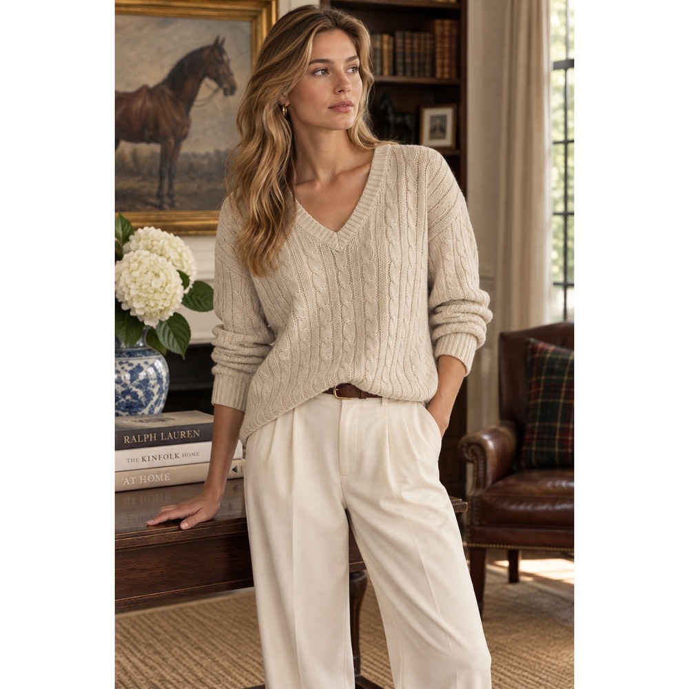 Brandy Melville Sweater Wool Beige Cable Knit Fisherman Old Money Y2K Preppy OS
